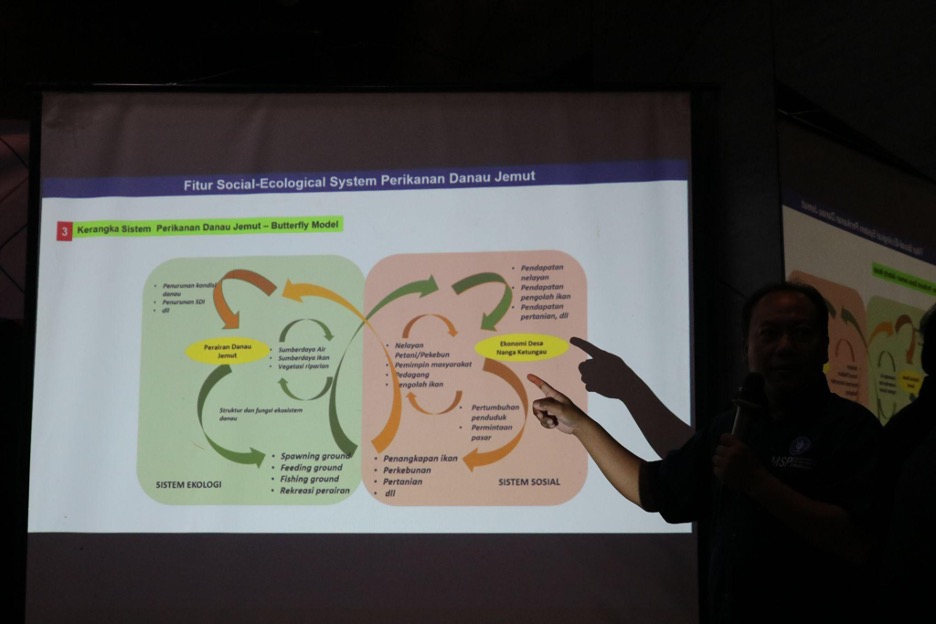 Taryono Kodiran sharing his Lake Jemut Fisheries Framework using Butterfly Model. Photo by Sopian Hidayat